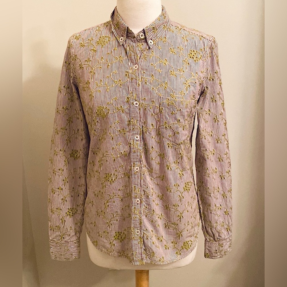 Odille Brown White Striped Green Floral 10 Light Academia Preppy Embroidered Top